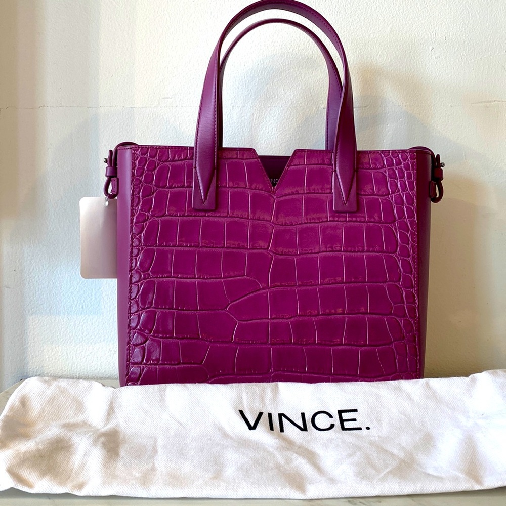 Vince, bag, tote/crossbody, purple leather, textured snakeskin on one side
